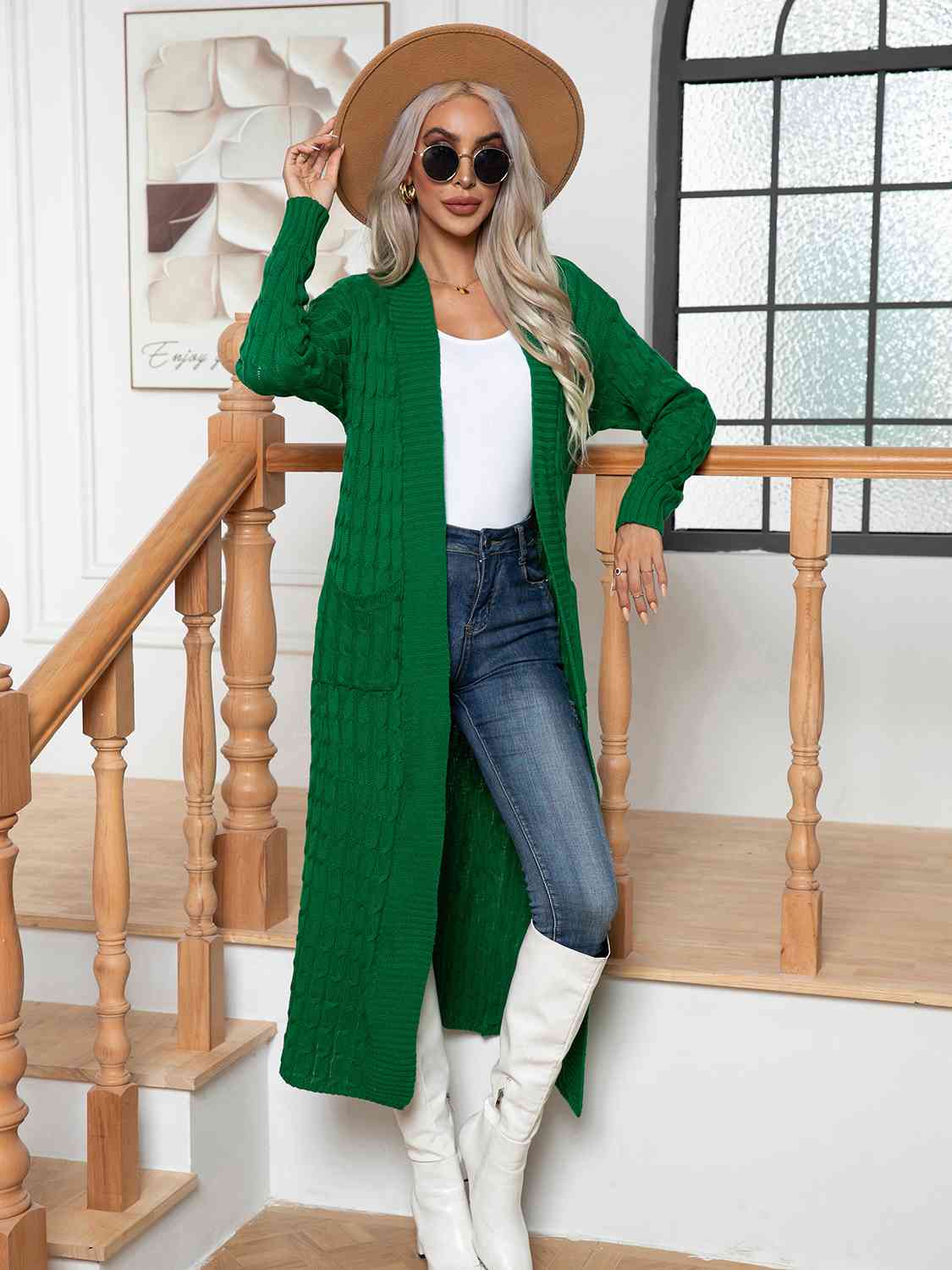 Cable-Knit Open Front Cardigan with Pockets - Ladyez