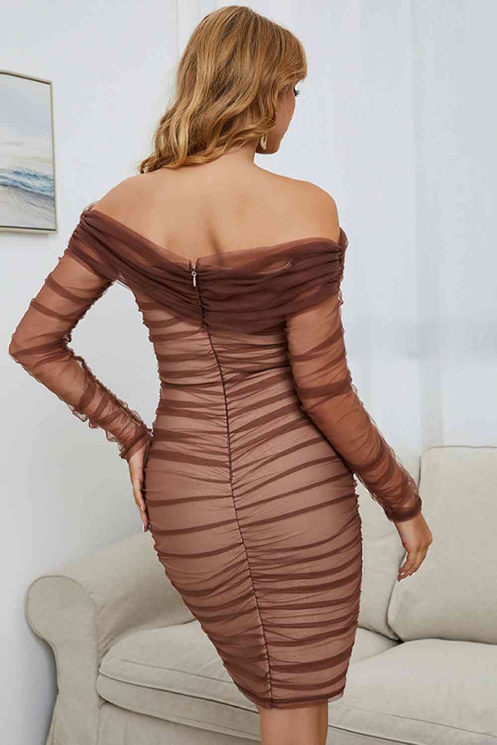 Off-Shoulder Ruched Long Sleeve Tulle Dress - Ladyez