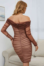 Off-Shoulder Ruched Long Sleeve Tulle Dress - Ladyez