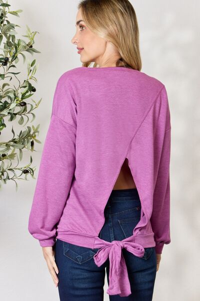 BiBi Tie Back Drop Shoulder Long Sleeve Top - Ladyez