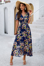 Smocked Floral V-Neck Short Sleeve Dress - Ladyez