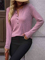 Round Neck Buttoned Long Sleeve T-Shirt - Ladyez