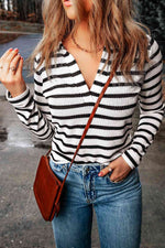 Double Take Striped Johnny Collar Long Sleeve Knit Top - Ladyez