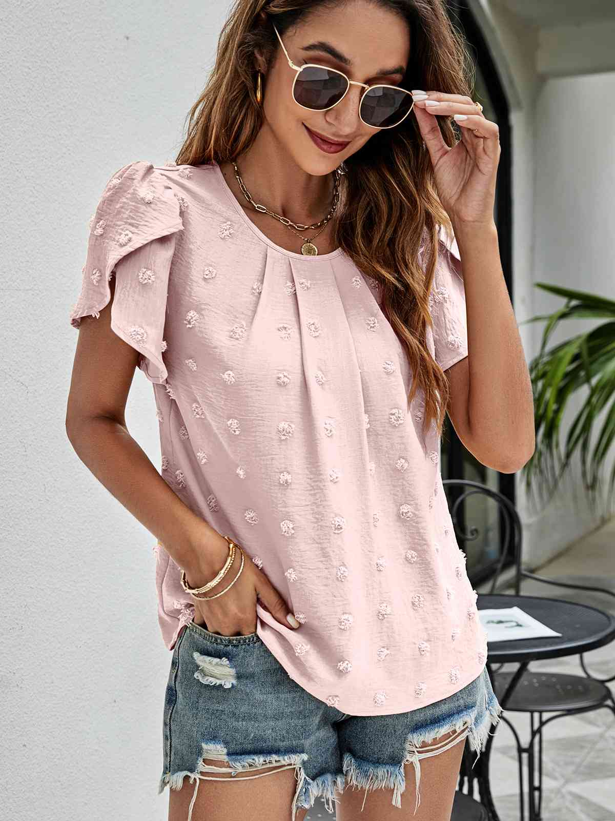 Swiss Dot Round Neck Petal Sleeve Top - Ladyez