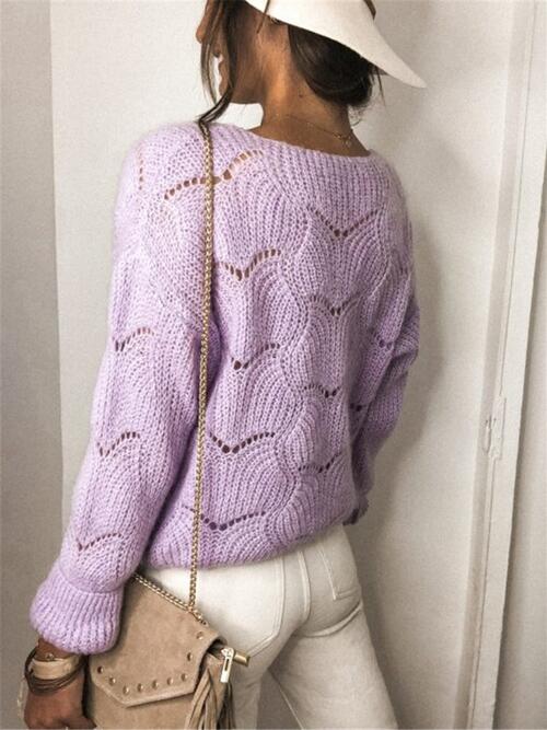 Openwork Button Up Long Sleeve Cardigan - Ladyez