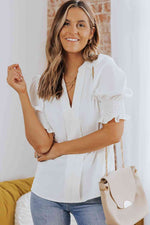 Smocked Flounce Sleeve Notched Neck Blouse - Ladyez