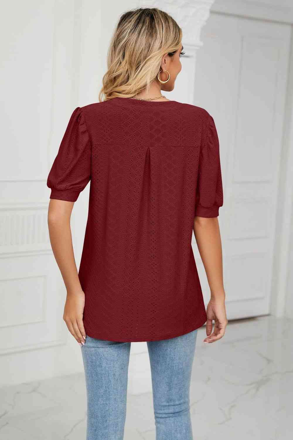 Eyelet Short Puff Sleeve Notched Neck Top - Ladyez
