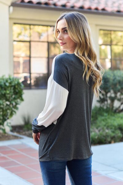 Celeste Design Full Size Contrast Long Sleeve Top - Ladyez
