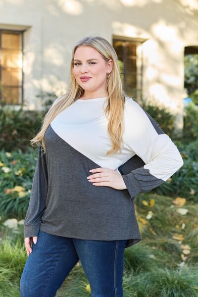 Celeste Design Full Size Contrast Long Sleeve Top - Ladyez