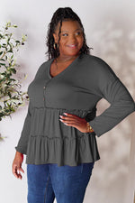 Double Take Half Button Long Sleeve Ruffle Hem Blouse - Ladyez