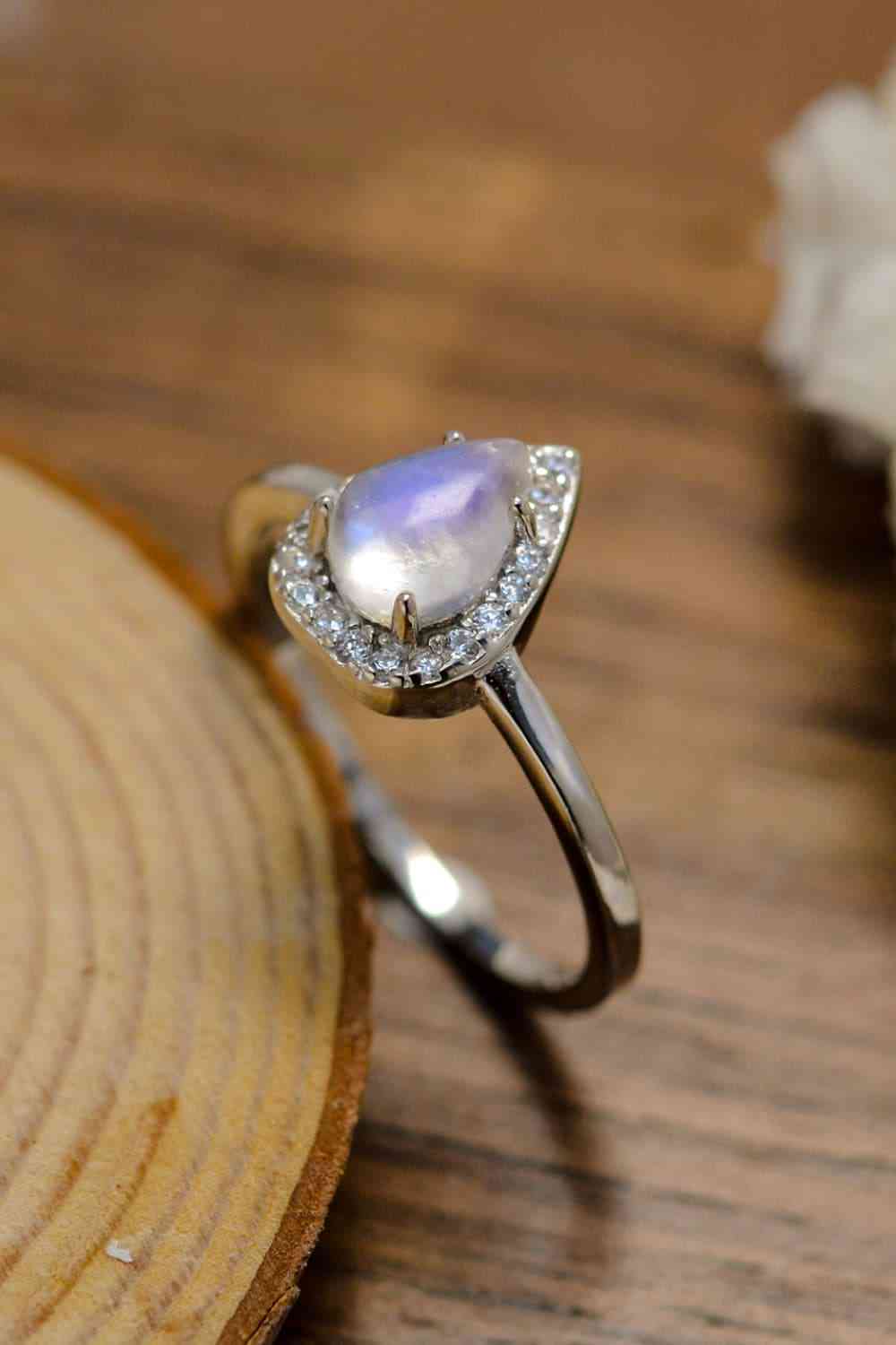 Moonstone Teardrop 925 Sterling Silver Halo Ring - Ladyez