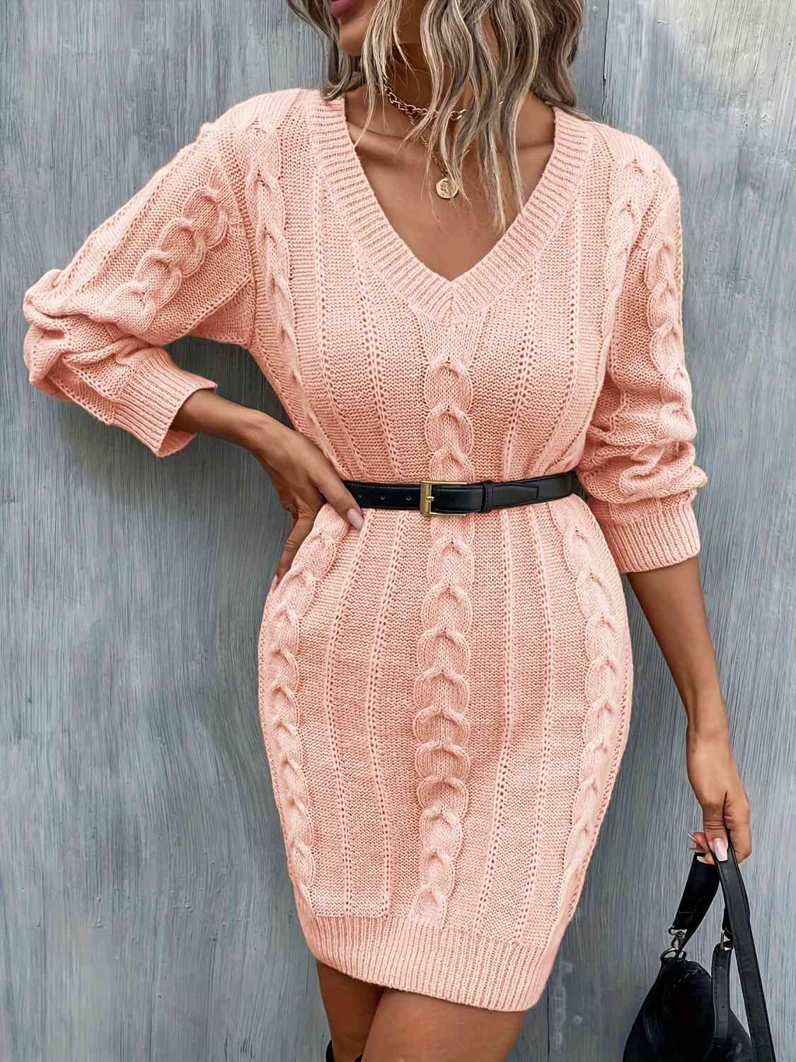 Cable-Knit V-Neck Sweater Dress - Ladyez