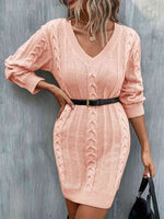 Cable-Knit V-Neck Sweater Dress - Ladyez