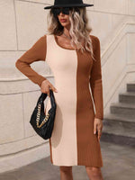Woven Right Contrast Slit Sweater Dress - Ladyez