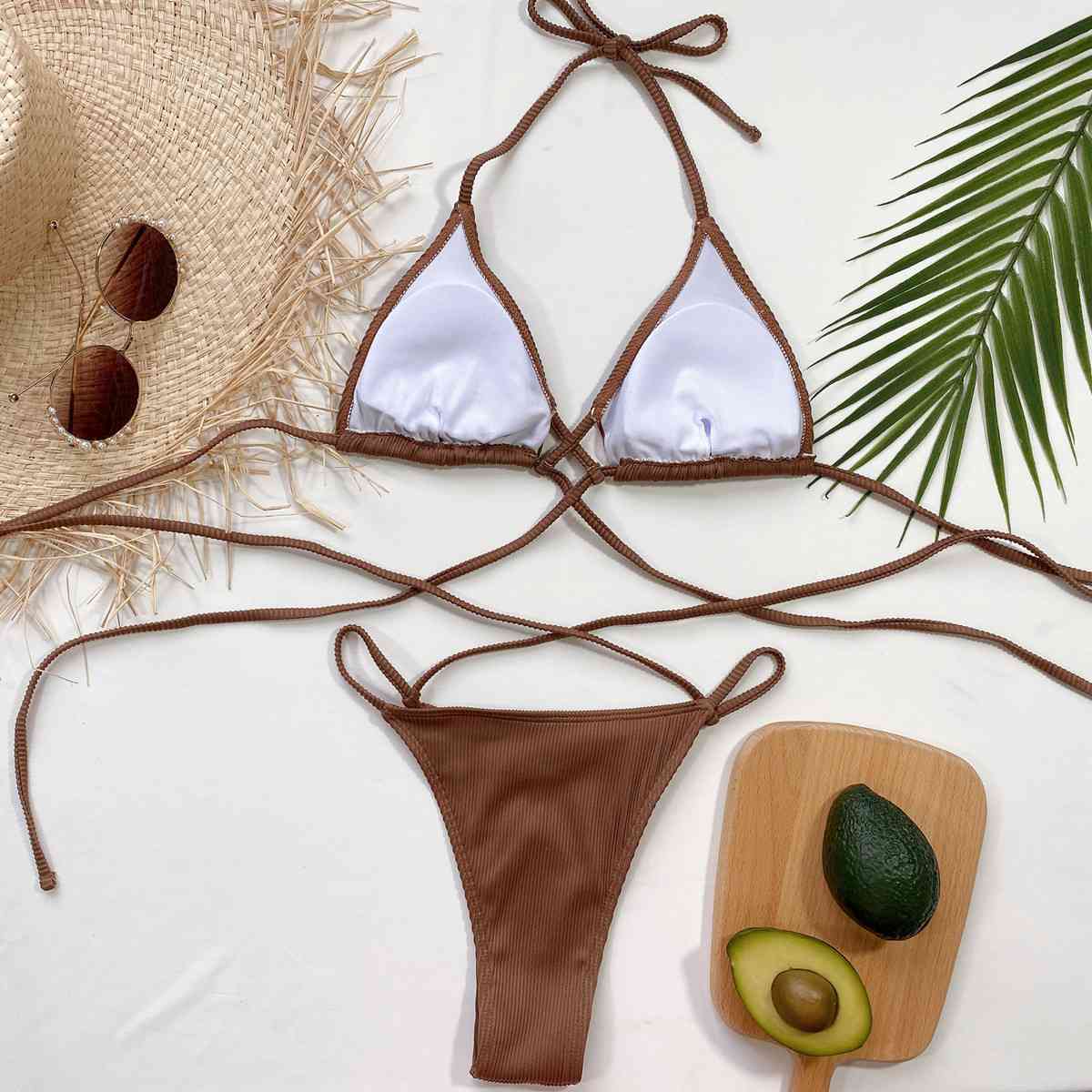 Halter Neck Crisscross Ribbed Bikini Set - Ladyez