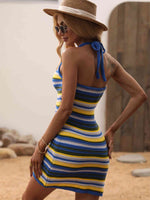 Striped Halter Neck Mini Sweater Dress - Ladyez