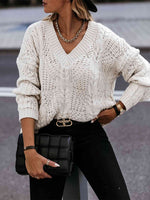 V-Neck Cable-Knit Long Sleeve Sweater - Ladyez