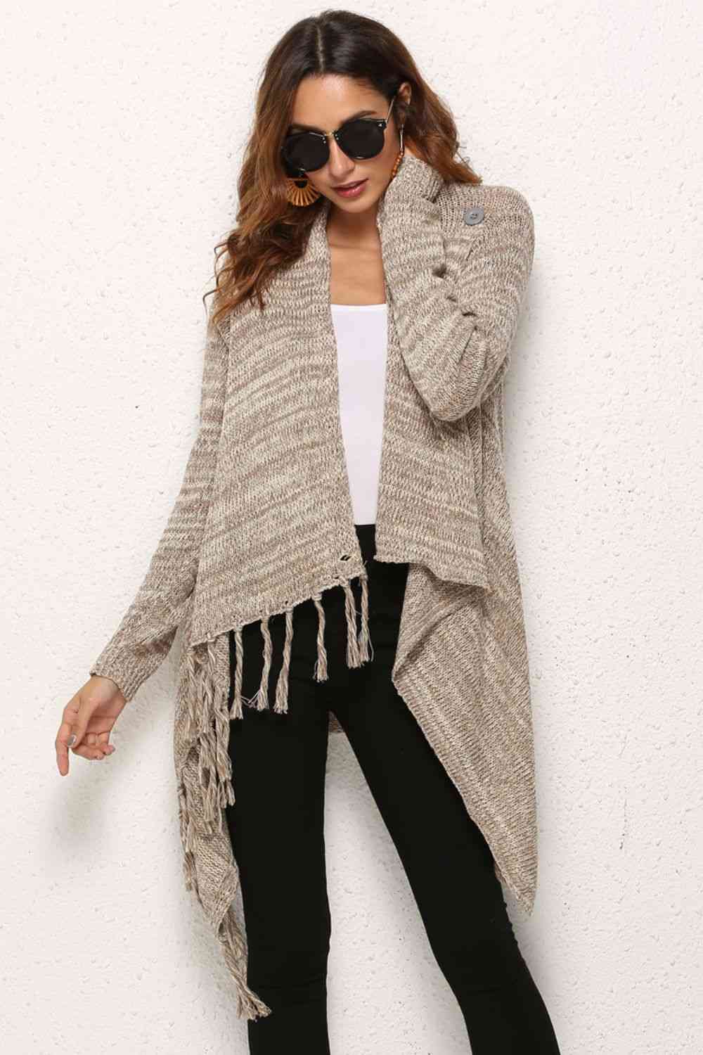 One-Button Tassel Tie Asymmetrical Hem Cardigan - Ladyez