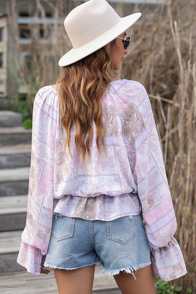 Printed Tie Neck Flounce Sleeve Blouse - Ladyez