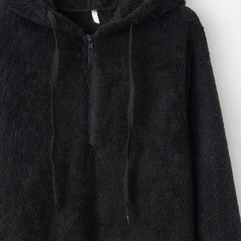 Quarter-Zip Drawstring Teddy Hoodie - Ladyez