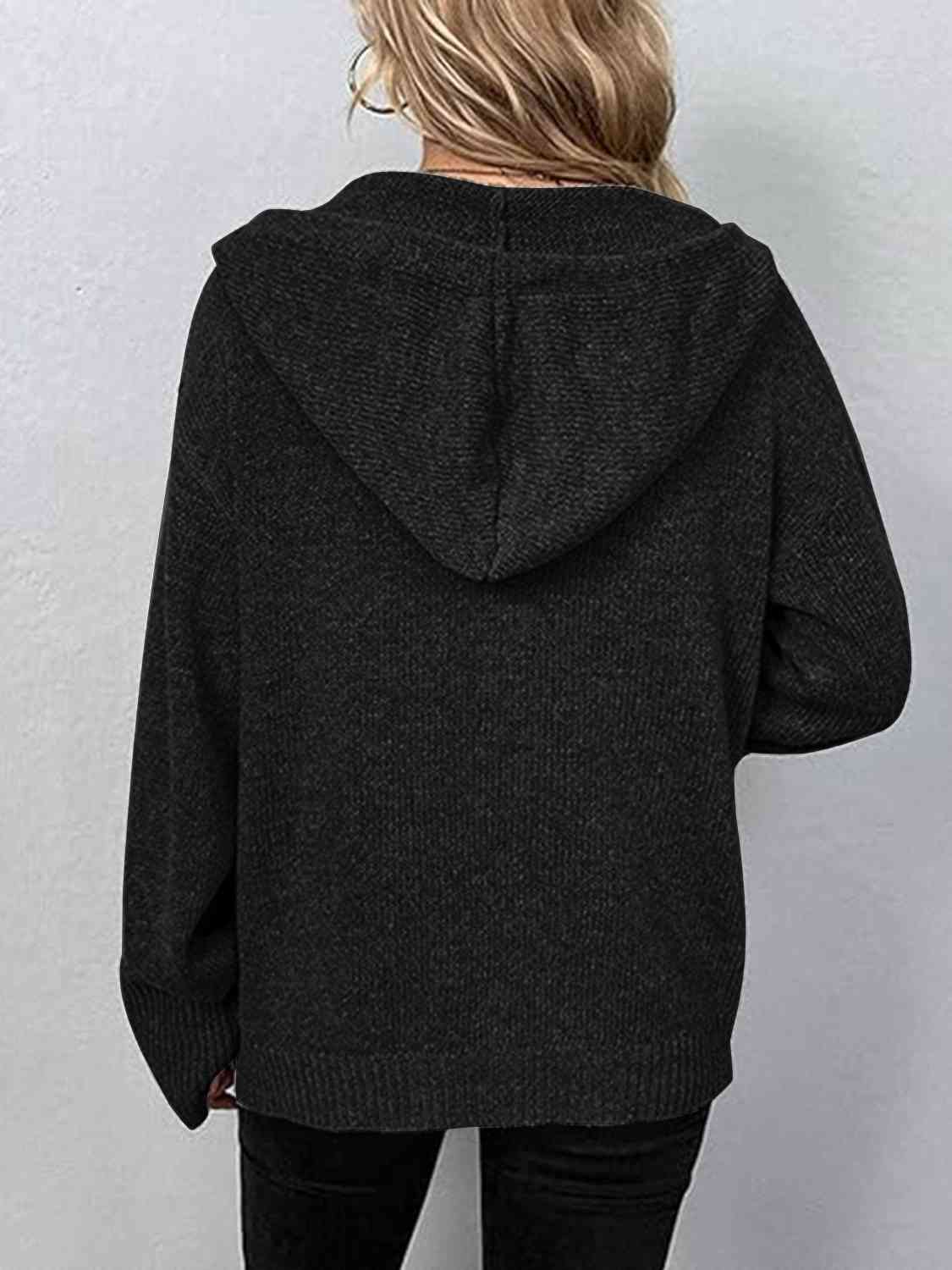 Button Up Drawstring Long Sleeve Hooded Cardigan - Ladyez
