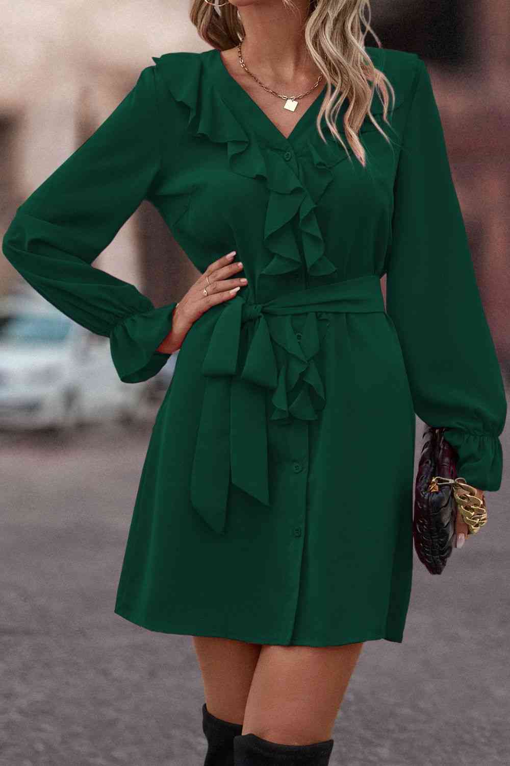 Ruffled Flounce Sleeve V-Neck Belted Dress - Ladyez