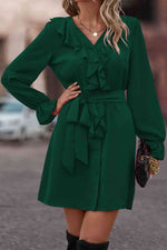 Ruffled Flounce Sleeve V-Neck Belted Dress - Ladyez