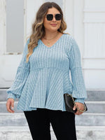 Plus Size Ribbed V-Neck Long Sleeve Blouse - Ladyez