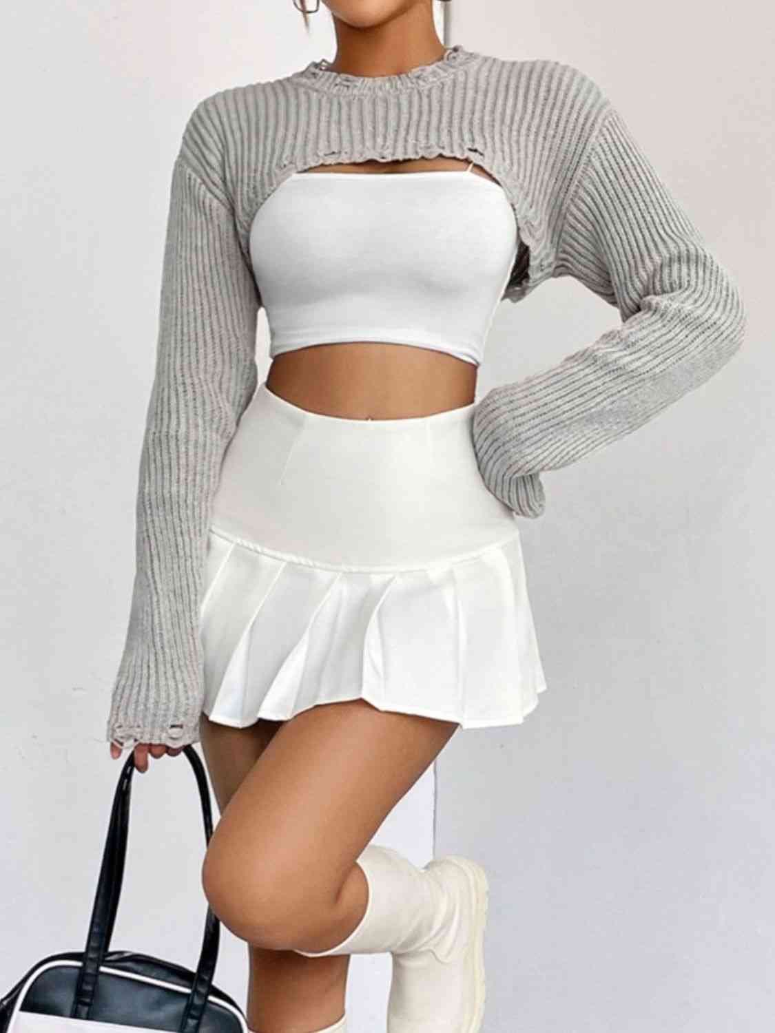 Distressed Long Sleeve Cropped Sweater - Ladyez