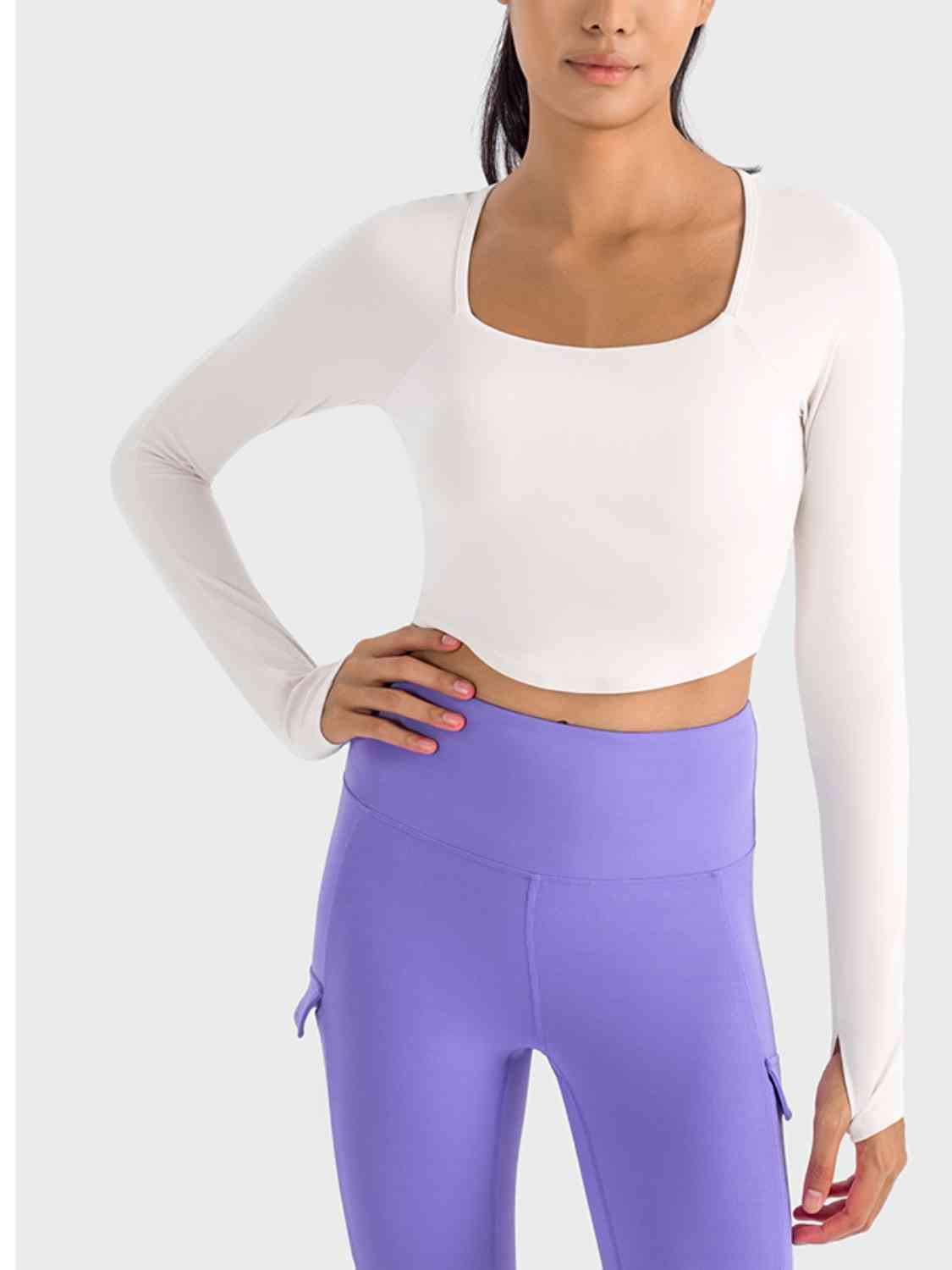 Square Neck Long Sleeve Cropped Sports Top - Ladyez