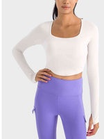 Square Neck Long Sleeve Cropped Sports Top - Ladyez