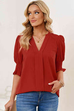 Smocked Flounce Sleeve Notched Neck Blouse - Ladyez