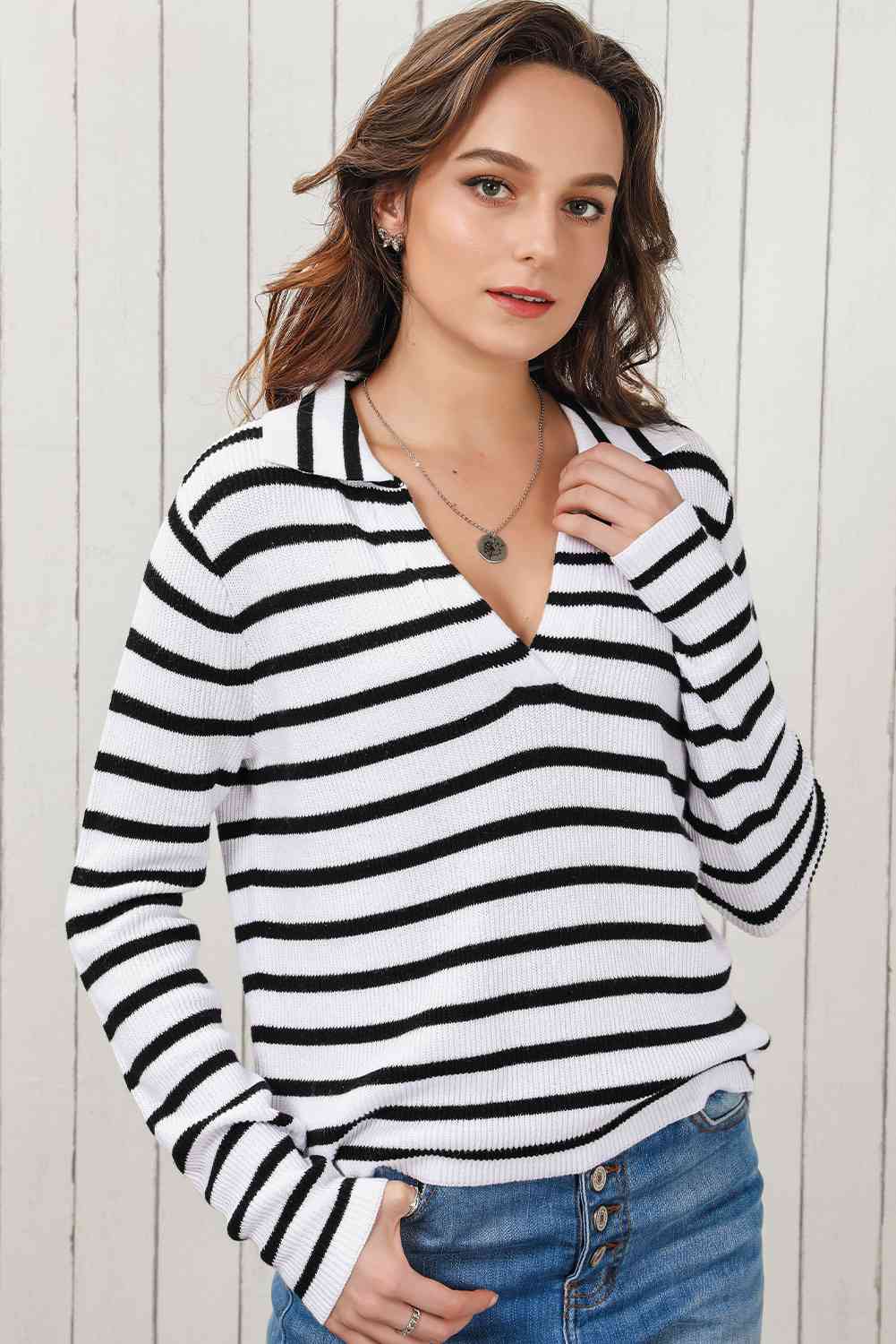 Double Take Striped Johnny Collar Long Sleeve Knit Top - Ladyez