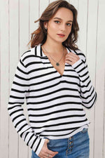 Double Take Striped Johnny Collar Long Sleeve Knit Top - Ladyez