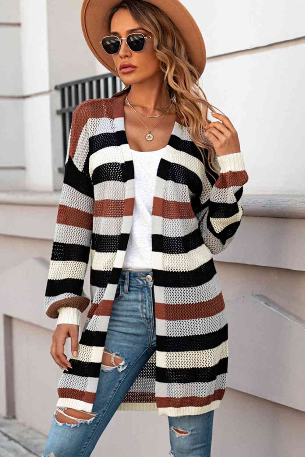 Full Size Striped Long Sleeve Openwork Cardigan - Ladyez