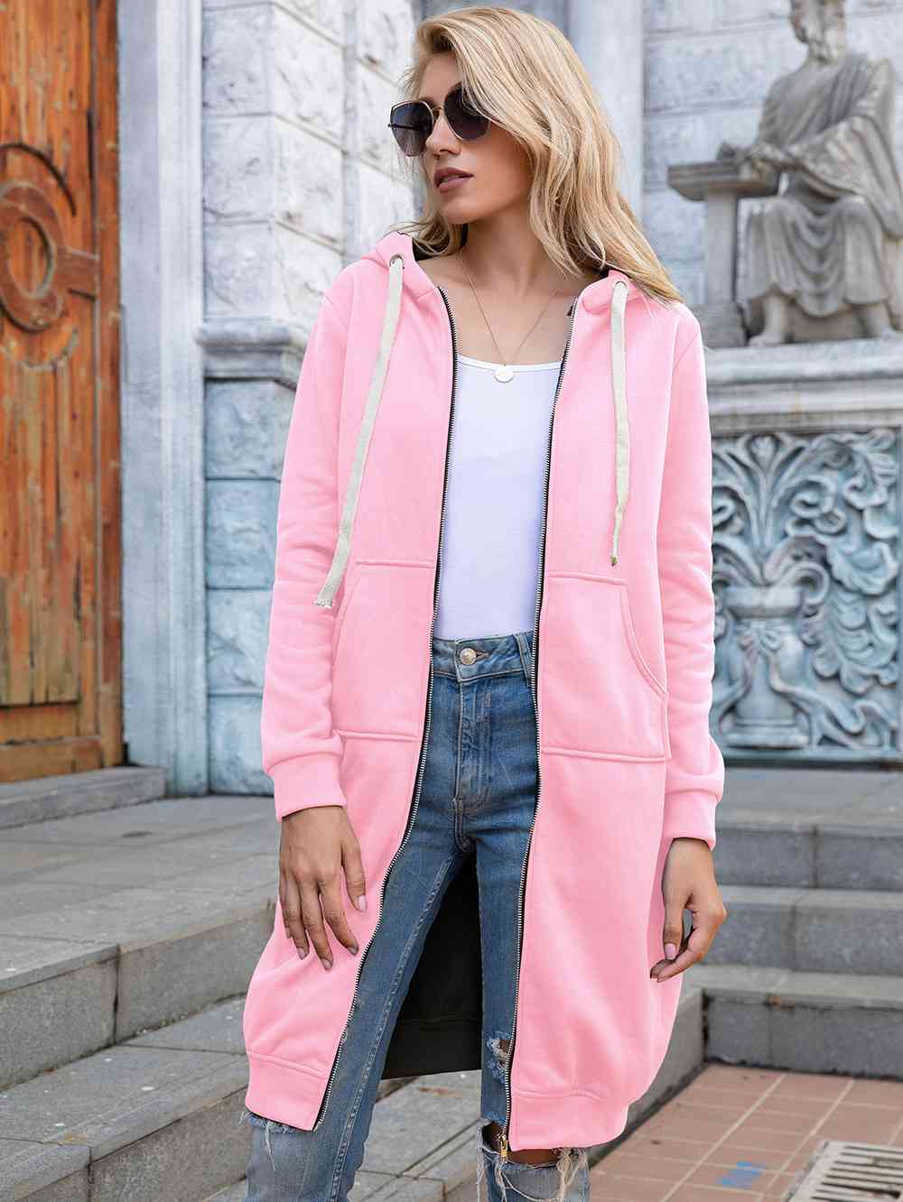 Zip-Up Longline Hoodie with Pockets - Ladyez
