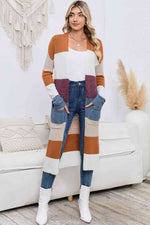 Long Color Block Open Front Pocketed Cardigan - Ladyez