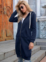 Zip-Up Longline Hoodie with Pockets - Ladyez