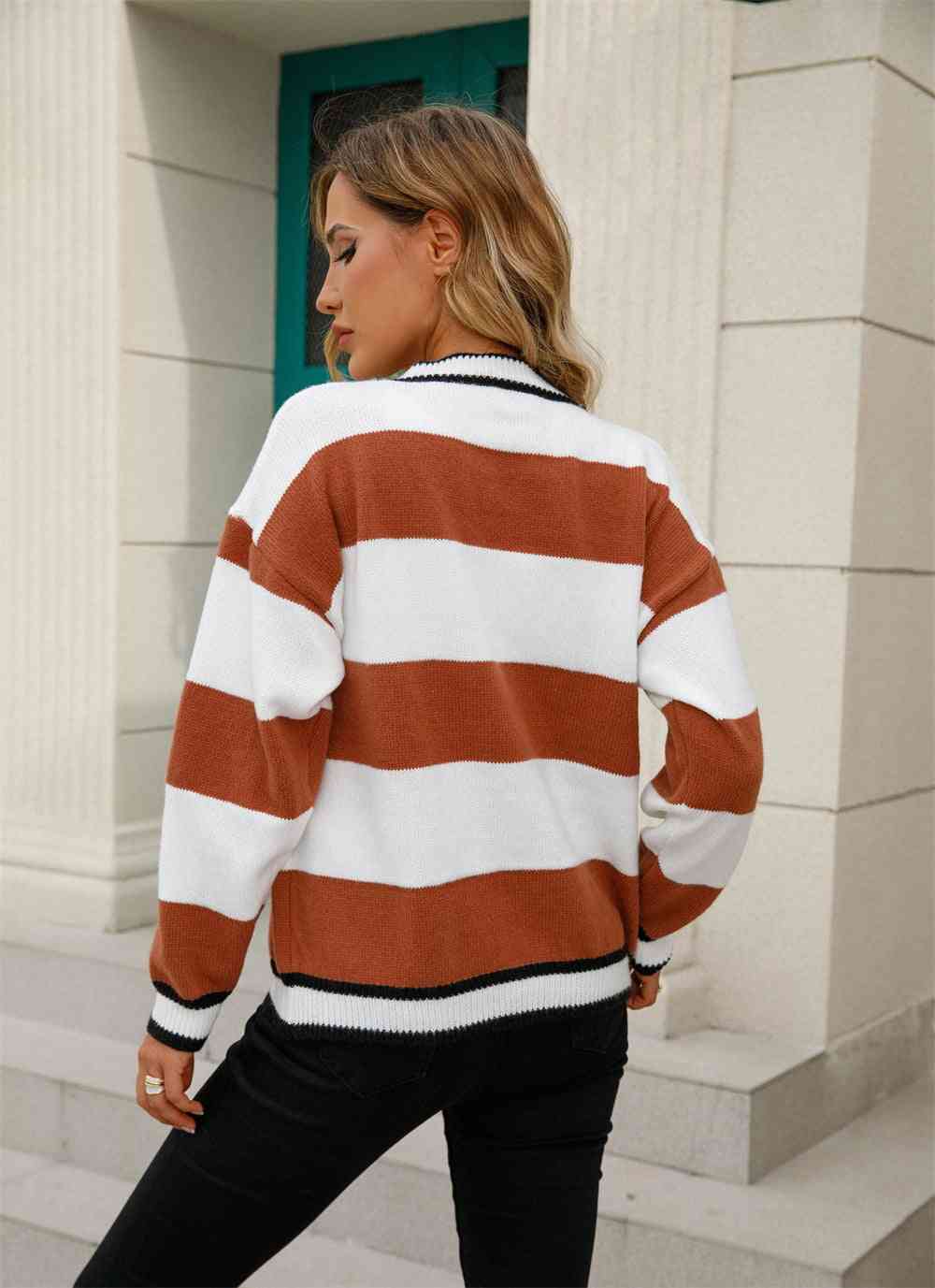 Color Block V-Neck Long Sleeve Cardigan - Ladyez