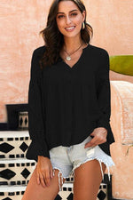 Crochet Flounce Sleeve Button Up Blouse - Ladyez
