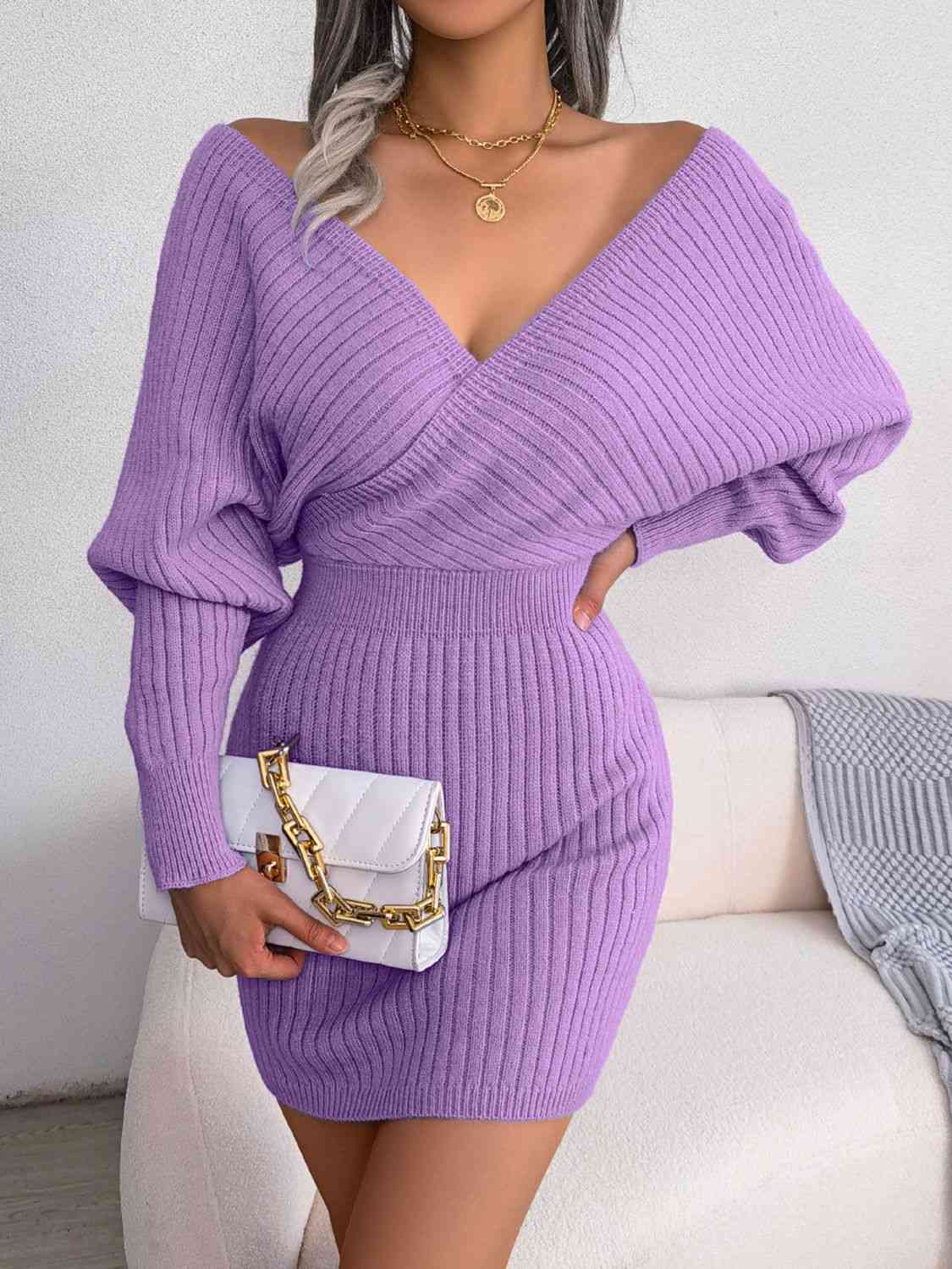 Rib-Knit Dolman Sleeve Sweater Dress - Ladyez