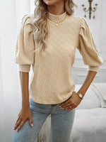 Texture Ruff Sleeve Mock Neck Blouse - Ladyez