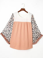 Plus Size Leopard Ruffle Trim Long Sleeve Blouse - Ladyez