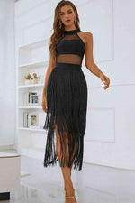 Spliced Mesh Fringe Hem Sleeveless Dress - Ladyez