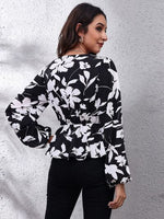 Floral V-Neck Balloon Sleeve Peplum Blouse - Ladyez