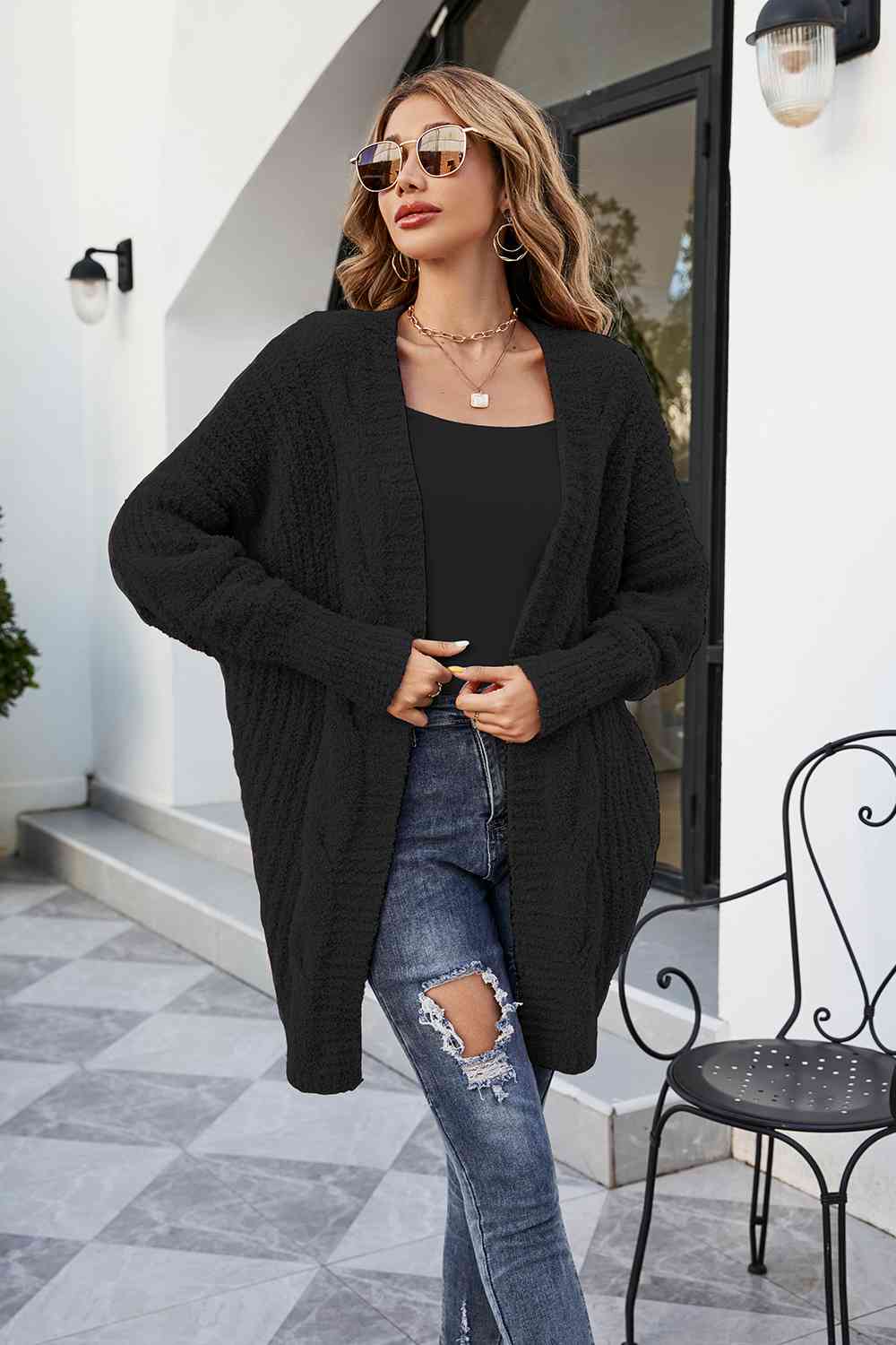Open Front Dolman Sleeve Cardigan - Ladyez