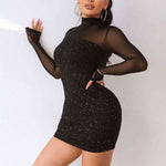 Sequin Mock Neck Mesh Dress - Ladyez