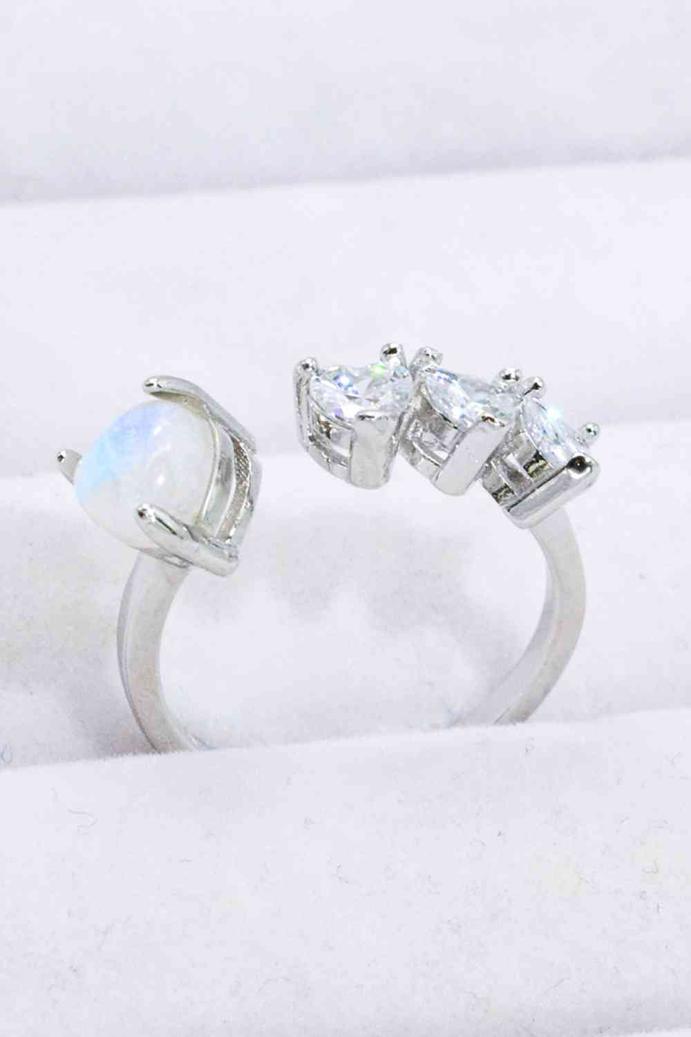 Natural Moonstone and Zircon Heart Open Ring - Ladyez