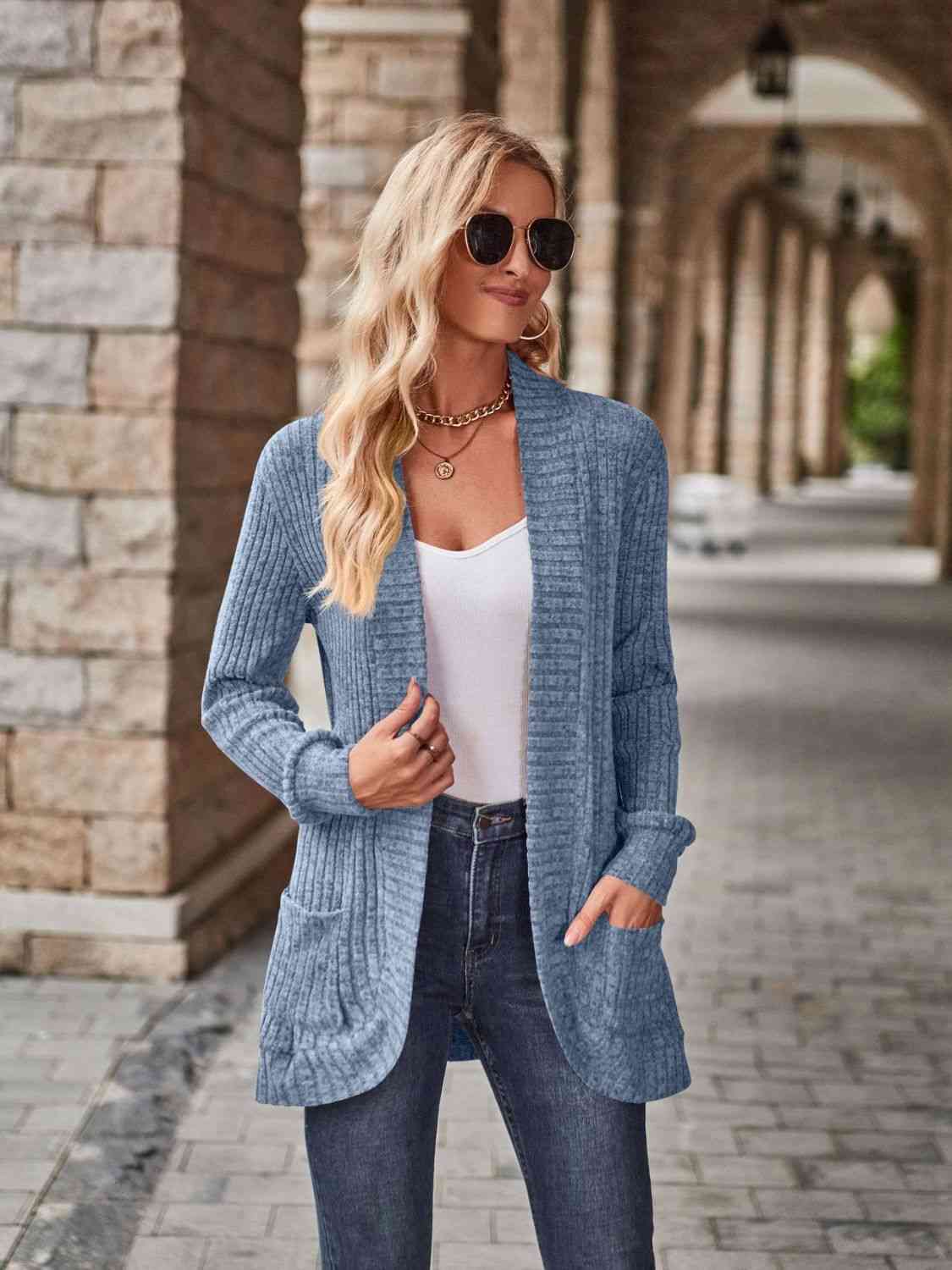 Open Front Cardigan with Pockets - Ladyez