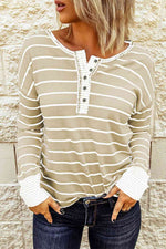 Striped Waffle Knit Henley Long Sleeve Top - Ladyez